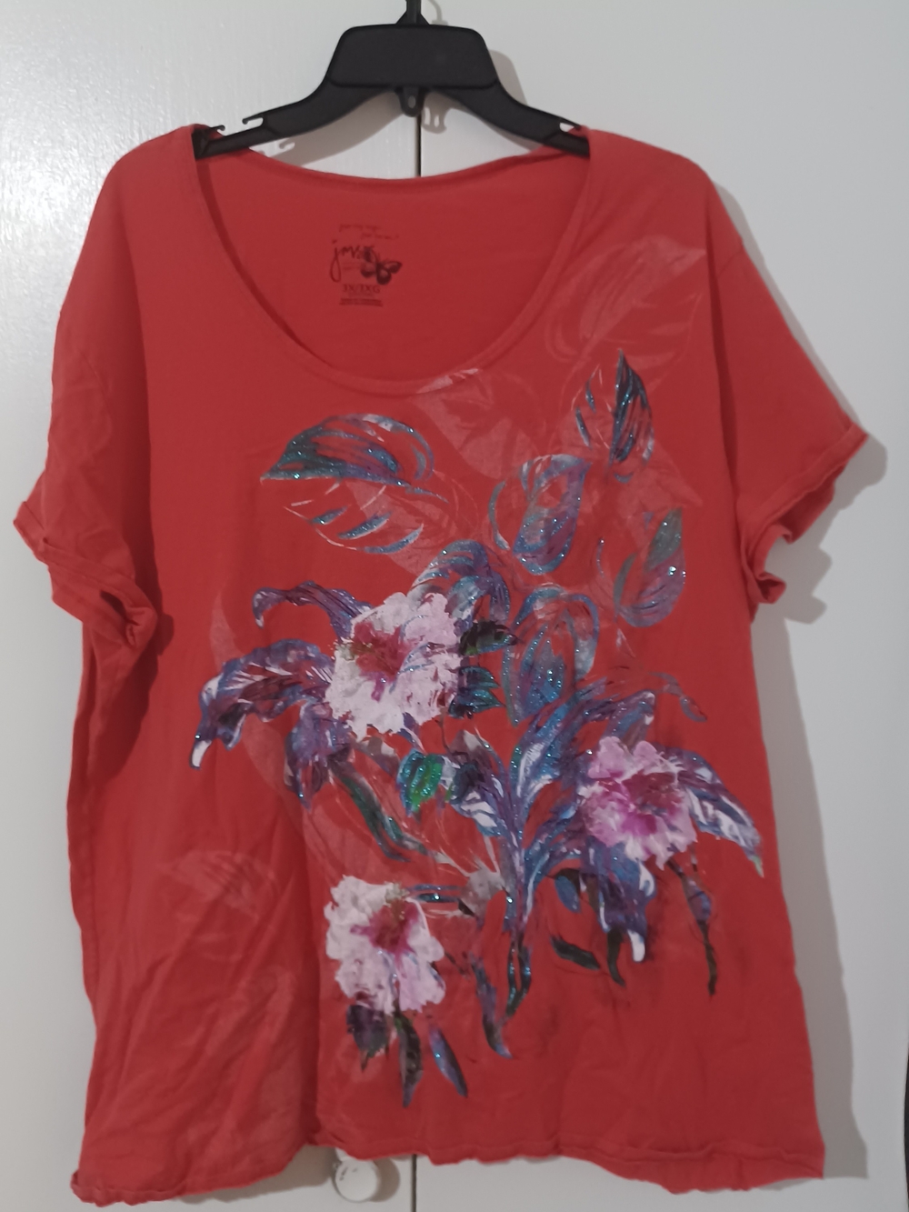 Just My Size Red Scoop Neck Tee with Floral Art